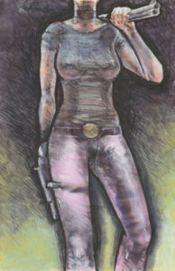 Femme au fusil (2017), stylo à encre + feutres + gouache
